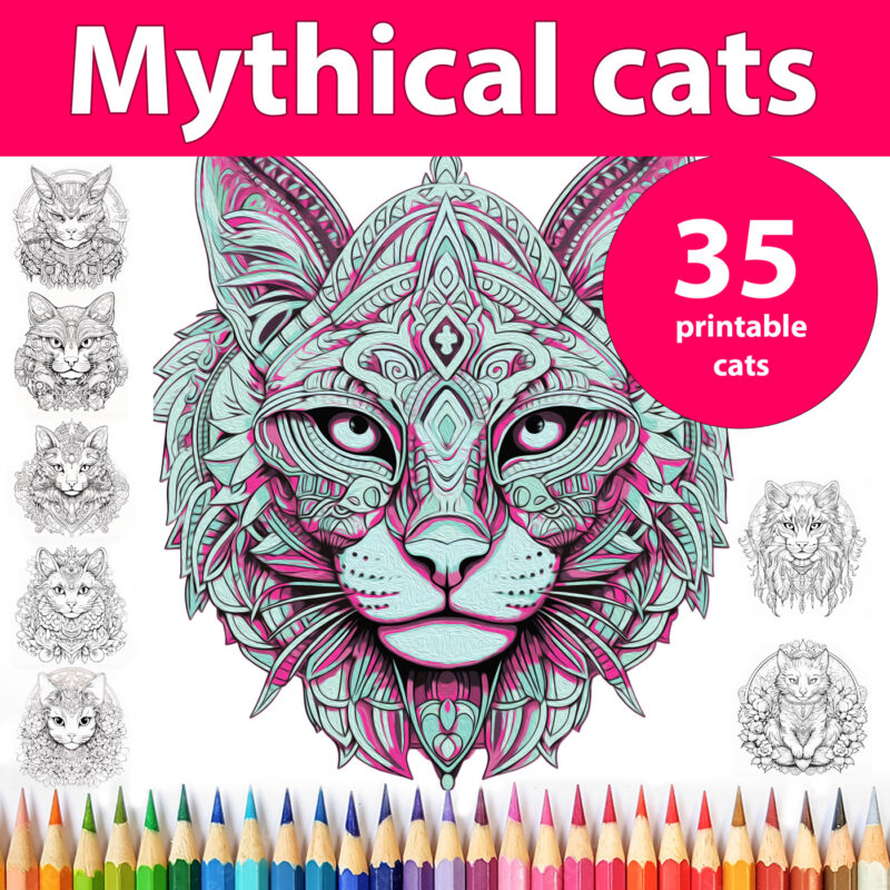 Mythical cats coloring book cover